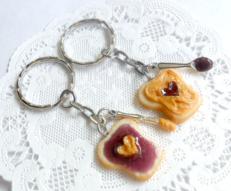 Peanut Butter and Jelly Heart Keychain Set, Grape, With Knife & Spoon, Best Friend's Keychains, Great Gift, Mom, Daughter, Sister, Wife :D image 3