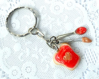 Peanut Butter Heart and Strawberry Jelly Keychain, With Knife & Spoon, Great Gift, Cute :D