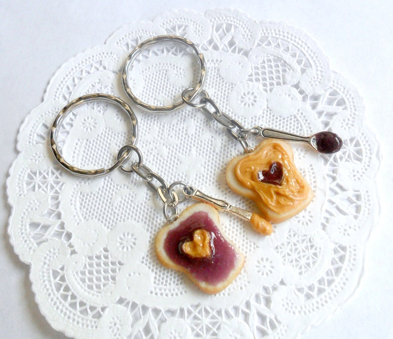 Peanut Butter and Jelly Heart Keychain Set, Grape, With Knife & Spoon, Best Friend's Keychains, Great Gift, Mom, Daughter, Sister, Wife :D image 2