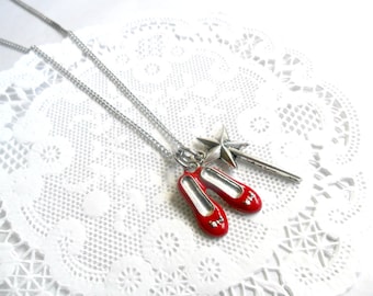 Ruby Red Slippers Wizard of Oz Necklace, With Wand, Dorothy's Slippers, Great Gift, Cute! :)