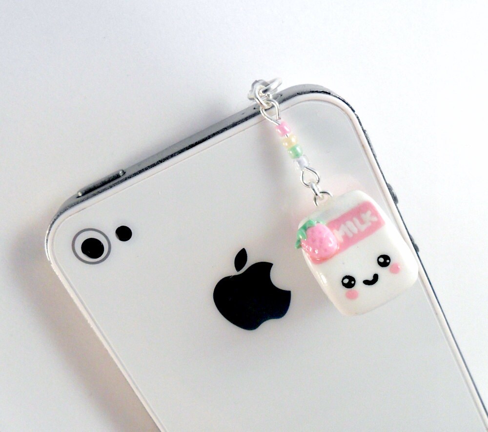 Kawaii Strawberry Milk Phone Charm, for iPod or Smartphone, Cute :D
