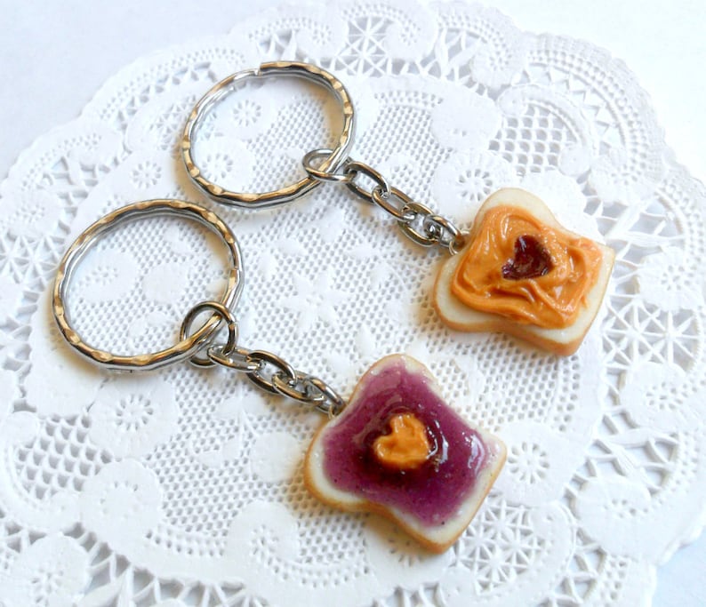 Peanut Butter and Jelly Heart Keychain Set, Grape, Best Friend's Keychains (or Phone Charms), Cute :D 