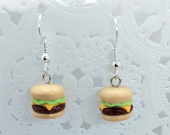Hamburger Cheeseburger Earrings, Cute :D Choice of Sterling Silver Hooks!