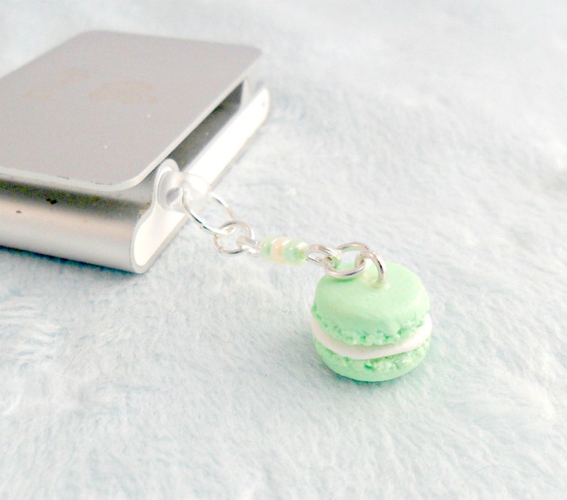 Green Macaron Dust Plug Charm, Phone Charm, For iPhone or iPod, Kitsch Tiny Green Tea Macaroon, Cute And Kawaii :D image 2