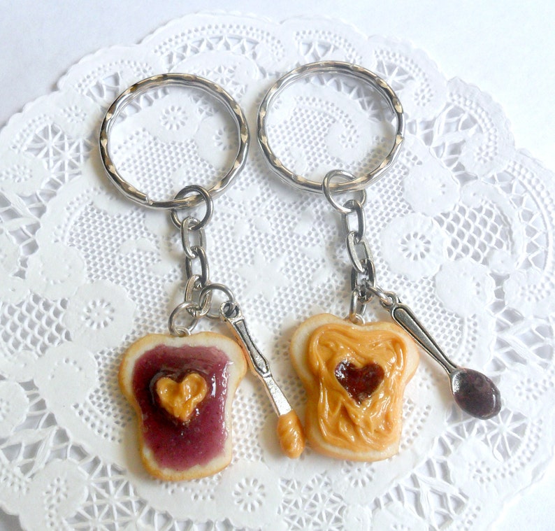 Peanut Butter and Jelly Heart Keychain Set, Grape, With Knife & Spoon, Best Friend's Keychains, Great Gift, Mom, Daughter, Sister, Wife :D image 4