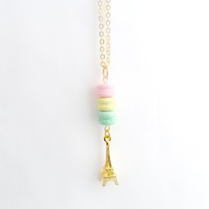 Macaron Trio Eiffel Tower Necklace, Kitsch Tiny pastel Macaroons, Gold Plated, Great Gift, Cute And Kawaii :D
