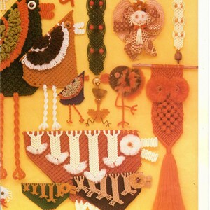 May include: A collection of colorful macrame wall hangings featuring various designs, including birds, owls, and geometric patterns. The hangings are made with different colored cords and beads.