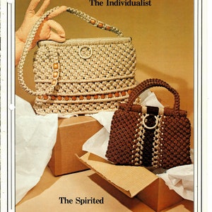 May include: Two crocheted handbags with wooden beads. The larger bag is beige and has the text "The Individualist" above it. The smaller bag is brown and beige and has the text "The Spirited" below it.