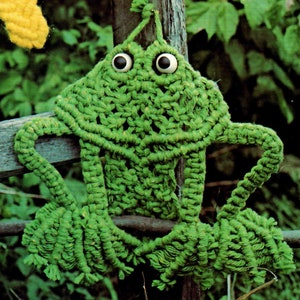 Op de afbeelding: Een groene gehaakte kikker met grote zwarte ogen. De kikker zit op een houten tak.