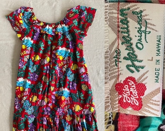 Vintage Hilo Hattie Hawaiian Dress, Red Tropical Floral Fish Pineapple Surfer Print, Women's Large, Elastic Neckline Flounce Hem Midi Dress