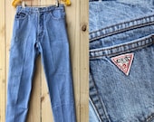 Vintage 80s Guess High Waisted Jeans Cutoff Frayed Leg Size 30 Light Wash Denim High Rise Jeans Tapered Leg Georges Marciano Made in USA