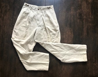 XS S M L 90s linen pants vintage high waisted ecru oatmeal woven linen drawstring elastic waist easy lounge baggy pants