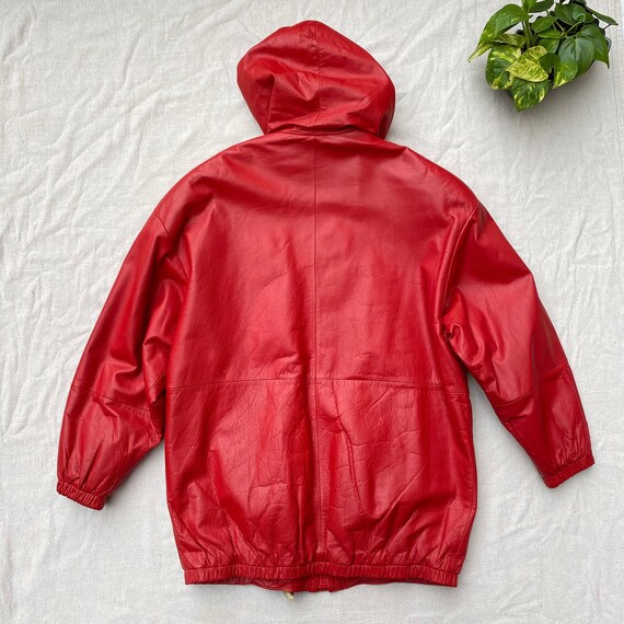 80s 90s Red Leather Coat with Hood, Zip Up Toggle… - image 3