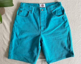 Vintage 90s Teal Denim High Waist Shorts, Women's Medium, 29" Waist 9" Inseam, Blue Green High Rise Jeans Bermuda Shorts