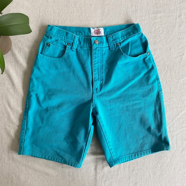 Vintage 90s Teal Denim High Waist Shorts, Women's Medium, 29" Waist 9" Inseam, Blue Green High Rise Jeans Bermuda Shorts