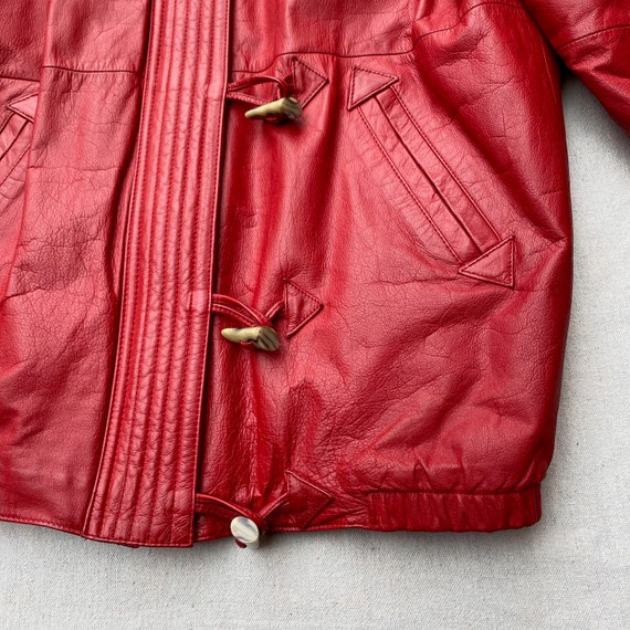 80s 90s Red Leather Coat with Hood, Zip Up Toggle… - image 10