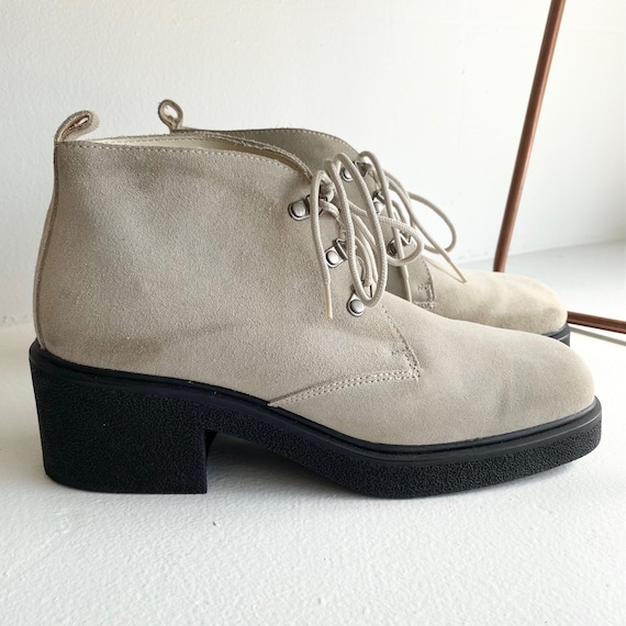 90s Chunky Platform Ankle Boots, Beige Suede Leat… - image 1