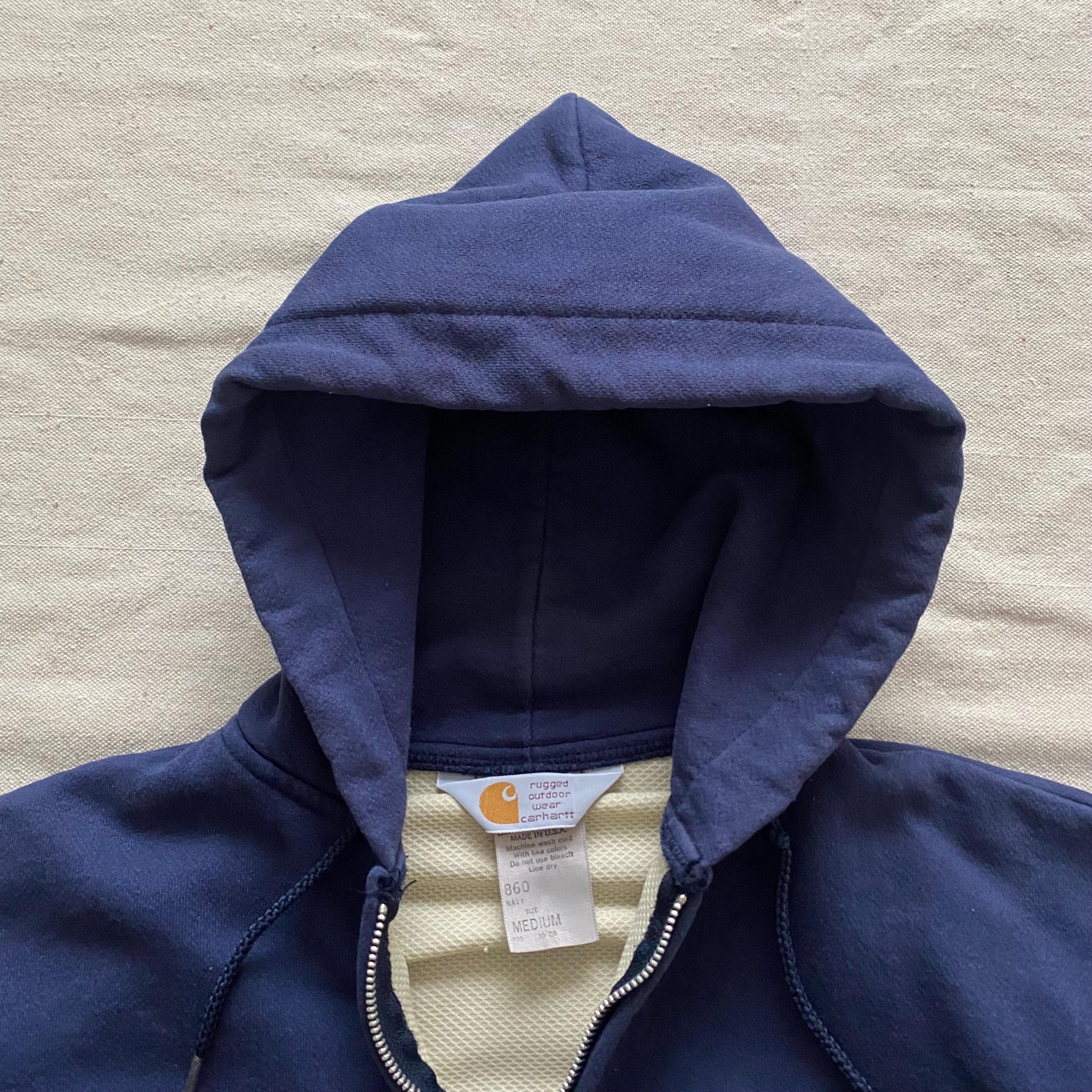 Vintage 80s Carhartt Hoodie With Patransit Logo, Navy Blue Thermal