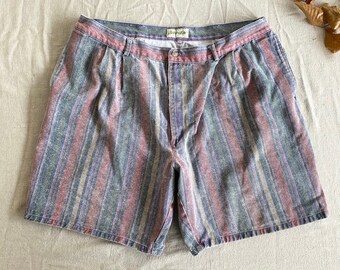 Vintage 90s Striped Denim Shorts, Men's 38" Waist, Pleated Front Jean Shorts, Faded Maroon Purple Green, Above the Knee Relaxed Fit