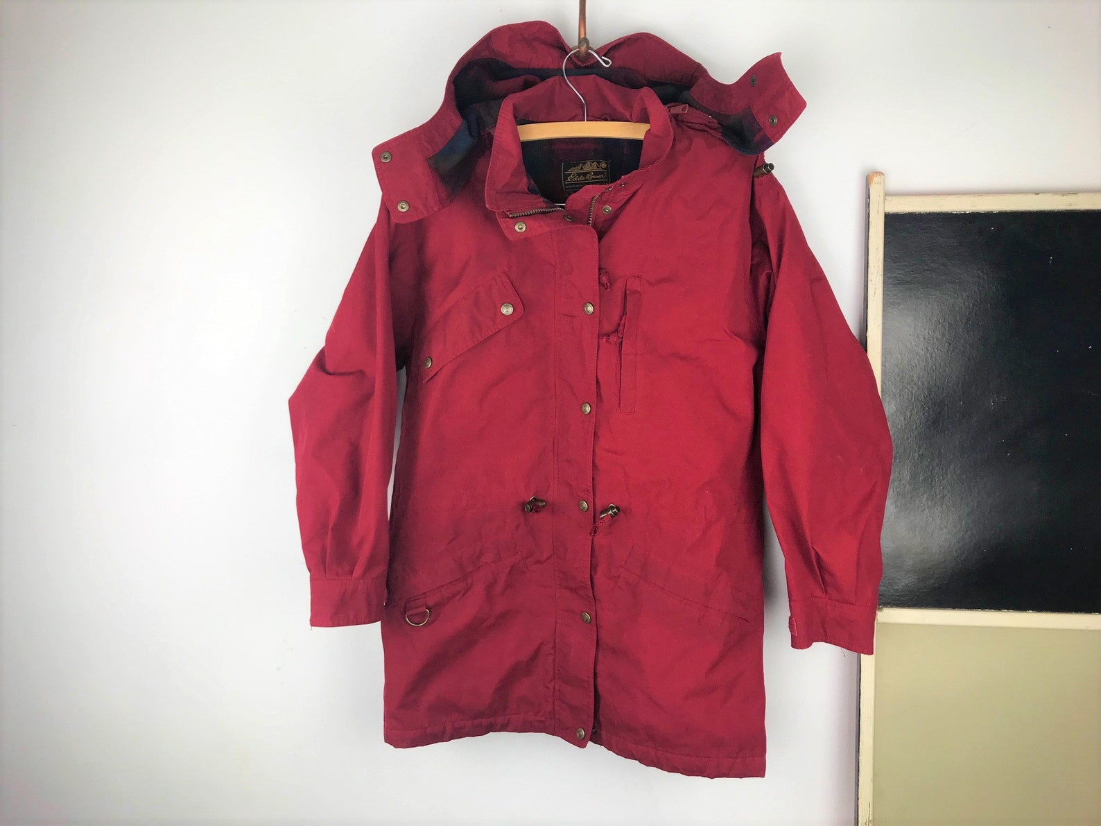 Vintage Eddie Bauer Parka Red Hooded Coat Plaid Wool Lined | Etsy
