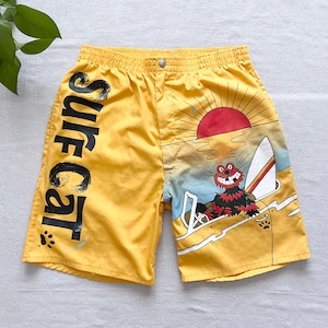 Vintage 80s-90s Hobie Surf Cat Graphic Print Yellow Board Shorts
