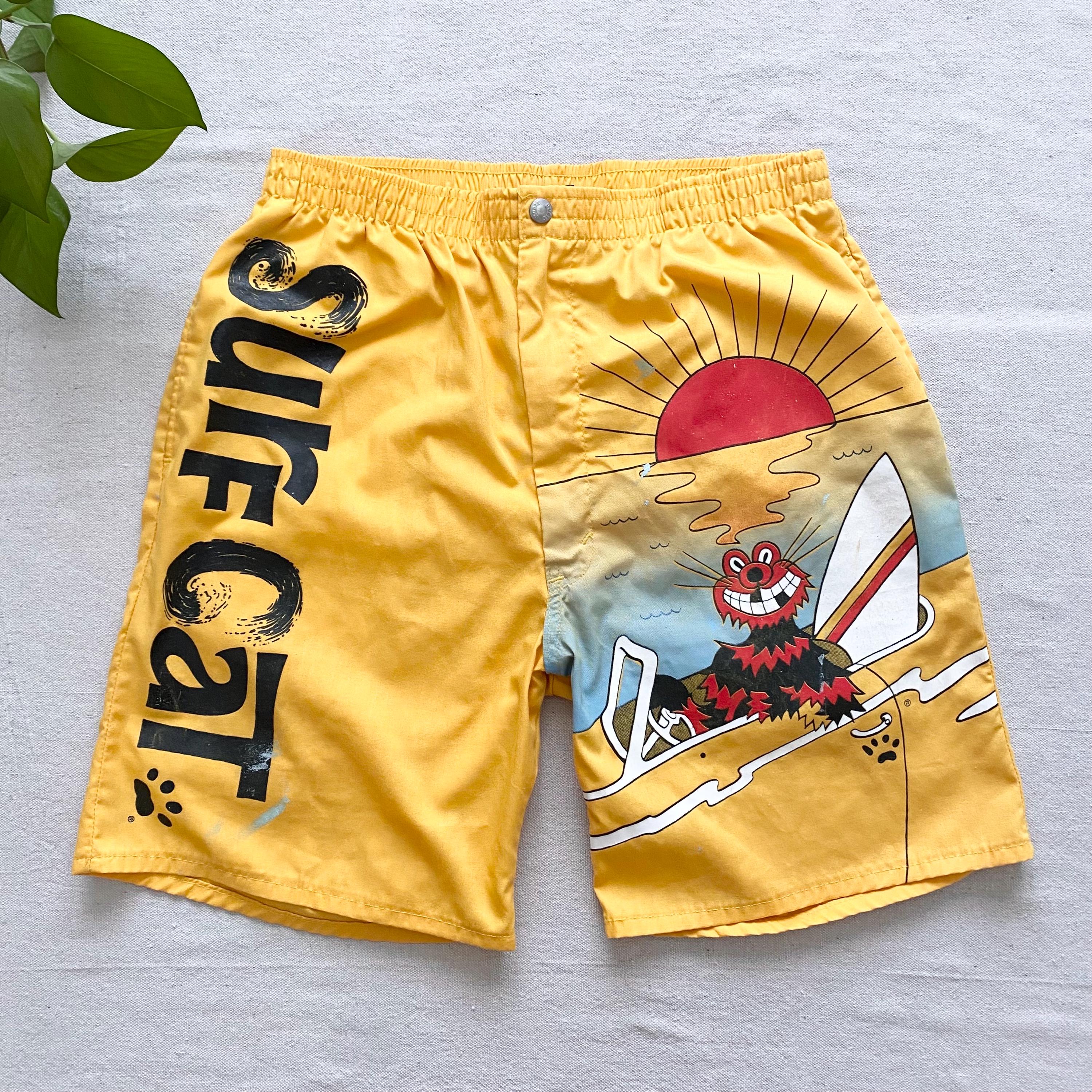 Vintage 80s-90s Hobie Surf Cat Graphic Print Yellow Board Shorts