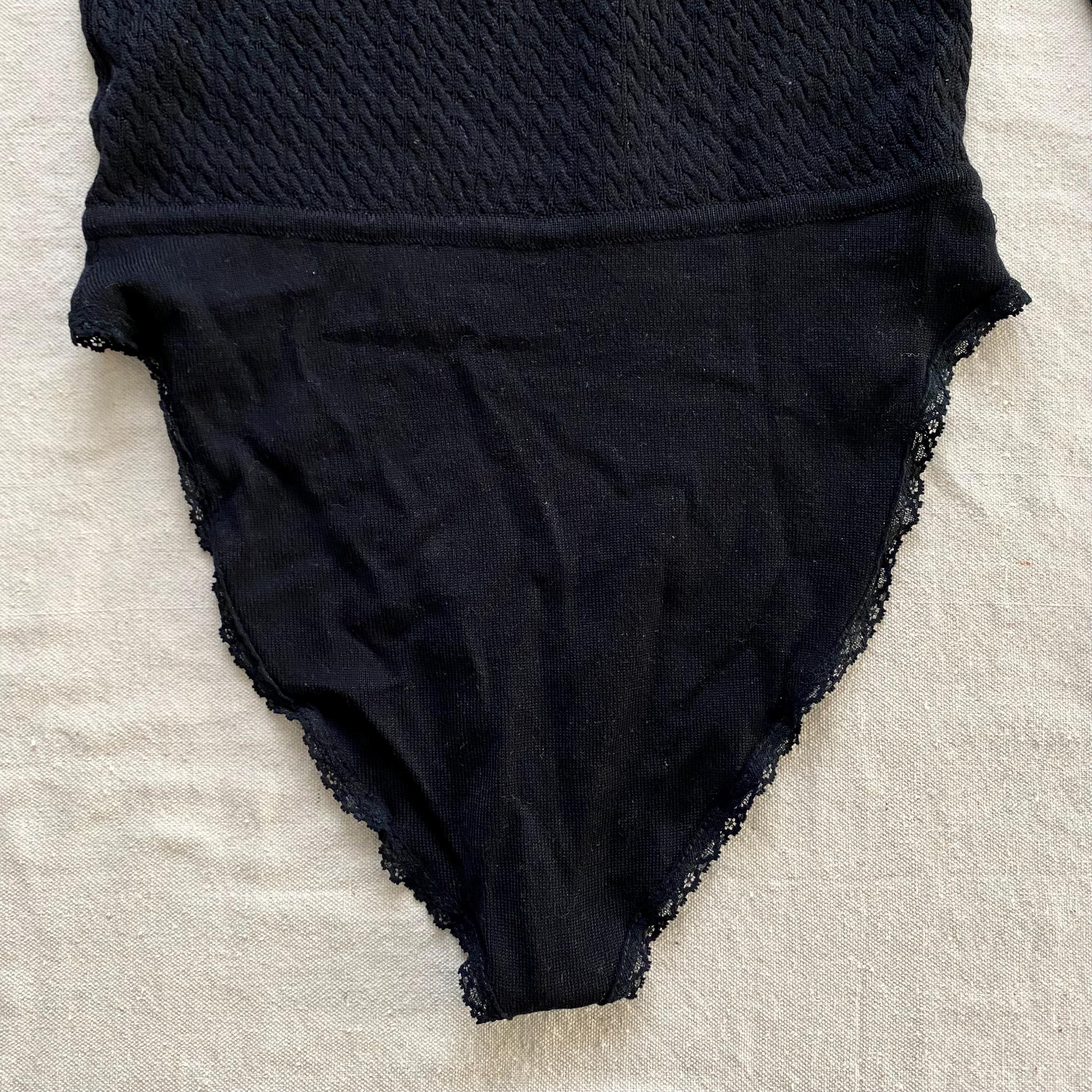 Vintage 90s DKNY Bodysuit, Long Sleeve Black Cable Knit Wool Top 