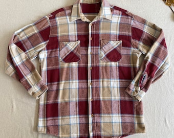70s-80s Big Mac Plaid Flannel Shirt, Men's XL, Heavyweight Woven Check, Long Sleeve Button Up, Maroon Blue Beige, JCPenney Outdoors Workwear