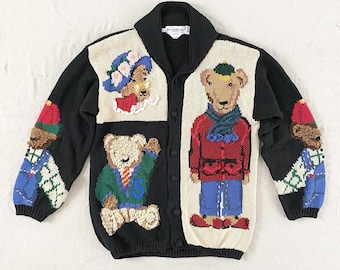 Vintage 90s Eagles Eye Teddy Bear Sweater, 3D Texture Knit Button Front Cardigan, Women's Size Small, Relaxed Oversize Fit