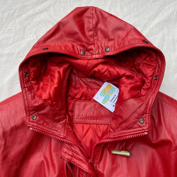 80s 90s Red Leather Coat with Hood, Zip Up Toggle… - image 7