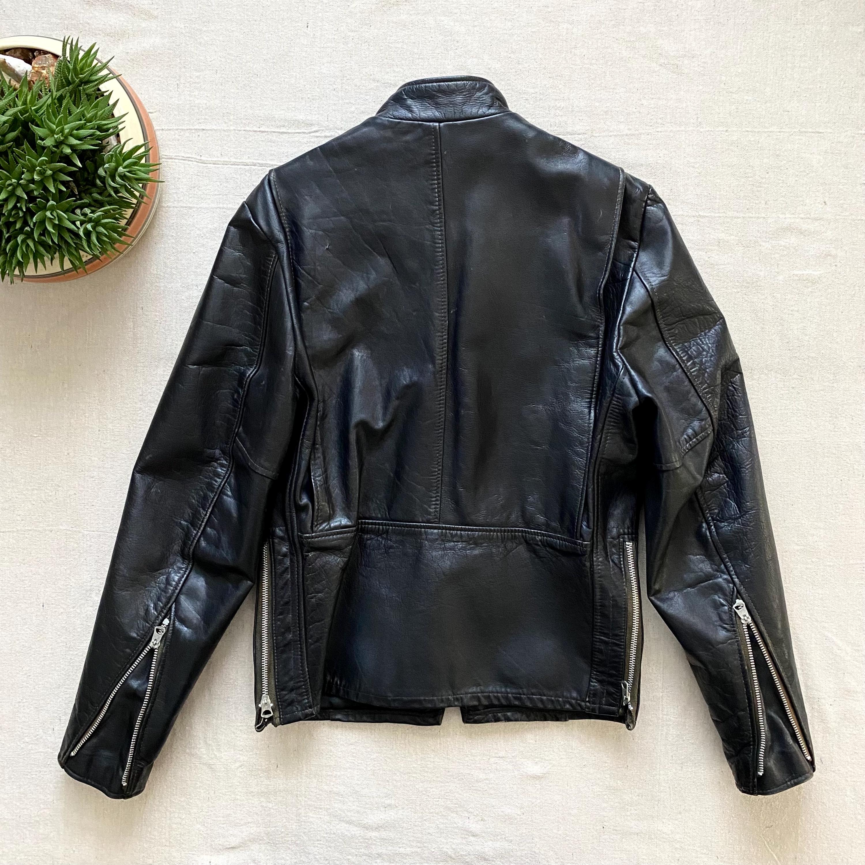 ジャケット・アウター 70s 60s German riders jacket Vintage 60s-70s Cafe Racer Motorcycle Biker Jacket, Black Leather