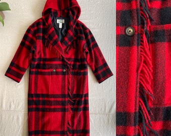 Vintage LL Bean Wool Blanket Coat with Hood, Red and Black Buffalo Plaid, Fringe Trim, Women's Size Medium Petite, Button Front Long Jacket