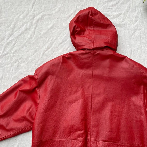 80s 90s Red Leather Coat with Hood, Zip Up Toggle… - image 4