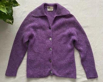 Vintage 60s-70s Wool and Mohair Blend Purple Cardigan, Button Front Rib Knit Sweater, Women's XXS-XS, Tag Size Small