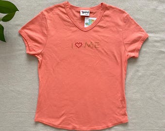 Vintage 90s-Y2K I LOVE ME Glitter Graphic Pink Babydoll T-shirt, Girl Rebel, Size Large, Cropped Short Sleeve V-neck Tee