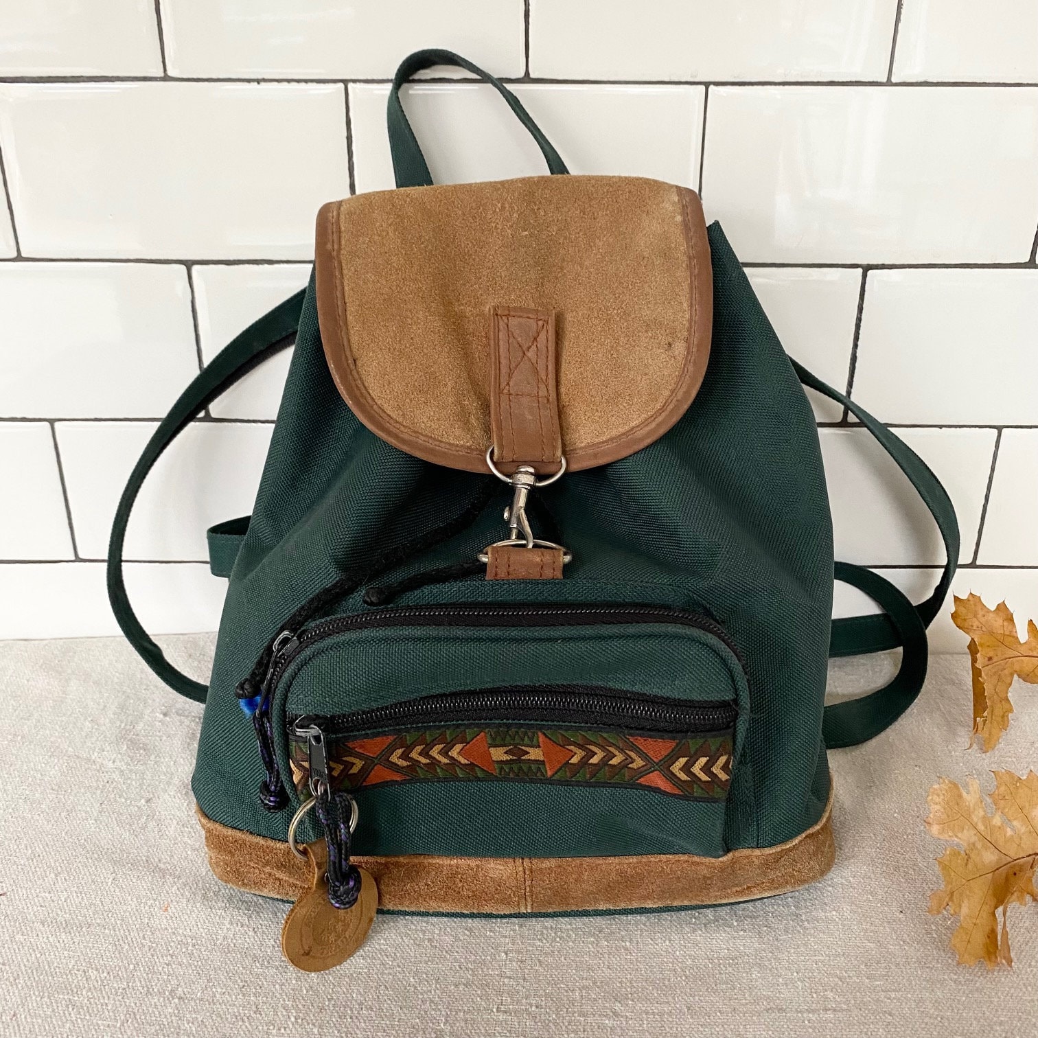 Vintage 90s Mini Backpack Southwestern Stripe Green Nylon Brown Suede Leather Convertible Shoulder Bag Hiking Outdoorsy Etsy