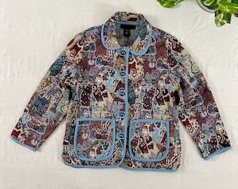 Vintage 90s Cats Graphic Woven Jacquard Tapestry Jacket, Women's Size Medium, Button Front with Pockets
