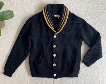 Vintage 40-50s Shawl Collar Cardigan, Black Wool Yellow Stripe Trim, Rib Knit Button Front Sweater, Men's XS Small, Ralph's Van Nuys