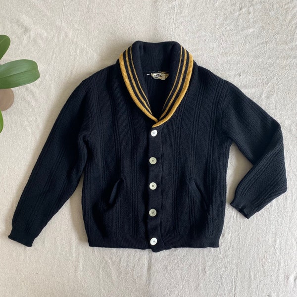 Vintage 40-50s Shawl Collar Cardigan, Black Wool Yellow Stripe Trim, Rib Knit Button Front Sweater, Men's XS Small, Ralph's Van Nuys