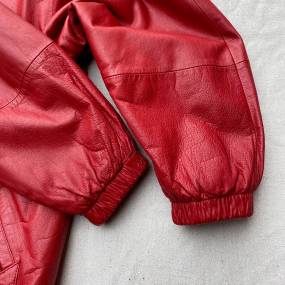 80s 90s Red Leather Coat with Hood, Zip Up Toggle… - image 8