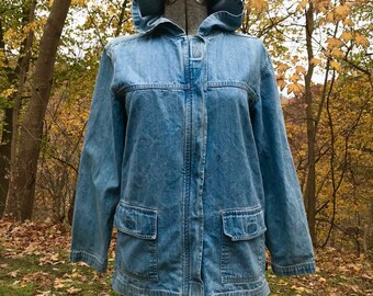 long denim hooded jacket