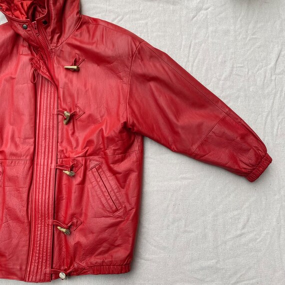 80s 90s Red Leather Coat with Hood, Zip Up Toggle… - image 5