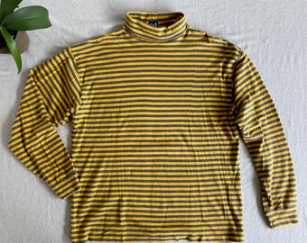 Vintage 90s GAP Striped Turtleneck Shirt, Yellow and Gray Long Sleeve Pullover, Men's Size XL, Classic Basic Stripe Sweater