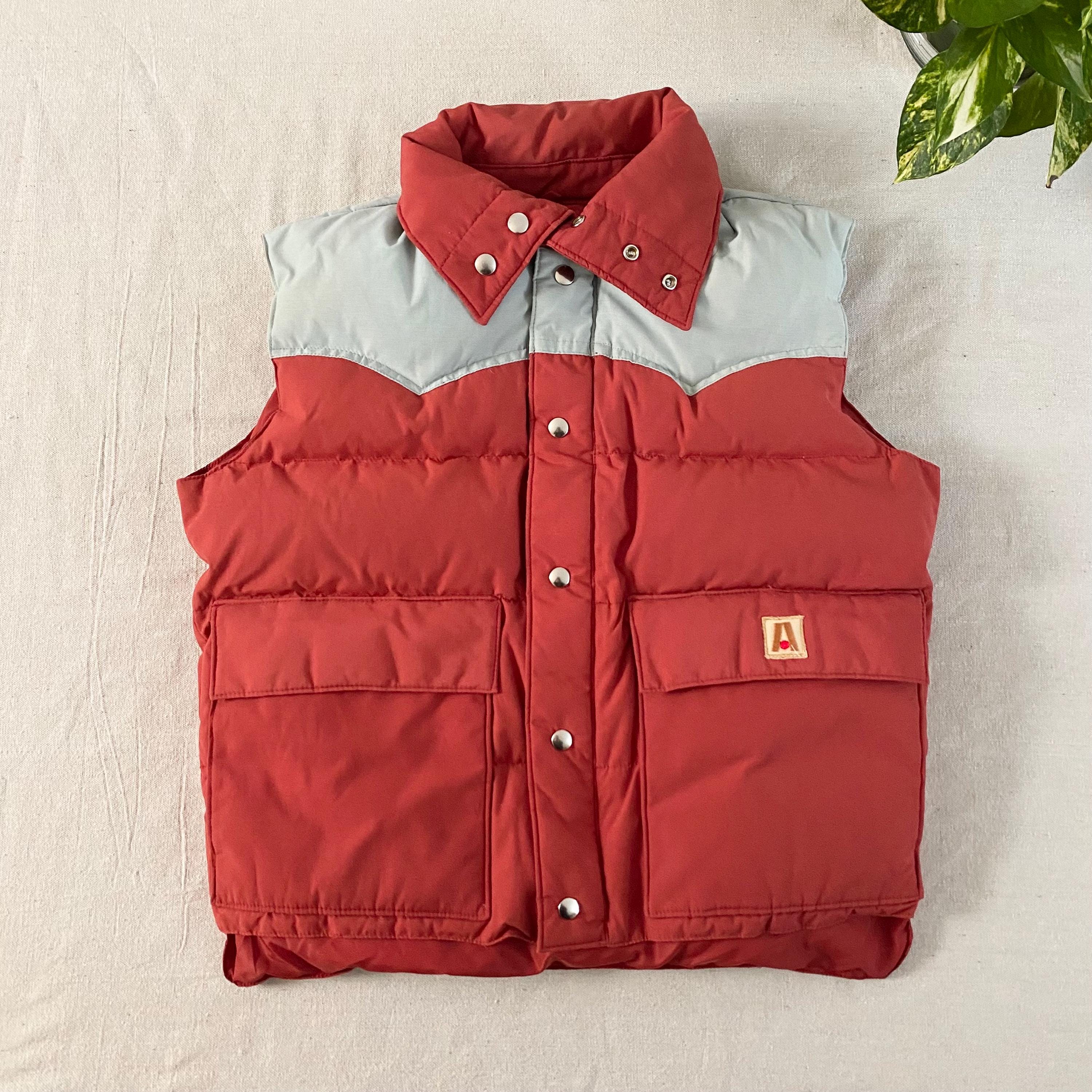 Vintage 1980s Down Puffer Vest, Orange and Beige Western Yoked