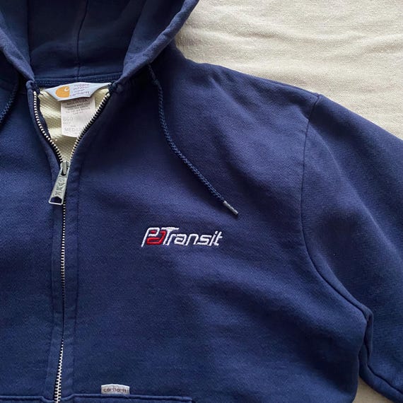 Vintage 80s Carhartt Hoodie With Patransit Logo, Navy Blue Thermal