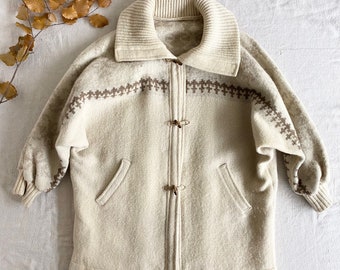 Vintage Knit Wool Oversized Coat, Beige Brown Snowflake Geometric Stripe, Toggle Button Front Sweater Jacket, Icelandic Fair Isle