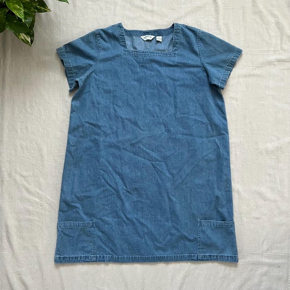 orvis denim dress Vintage Orvis Blue Denim Maxi Button Front Short Sleeve Modest Dress Sz 8