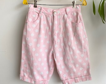 90s Pink Denim Polka Dot Shorts High Wasited Jean Size 11 Cuffed Leg Tapered Fit