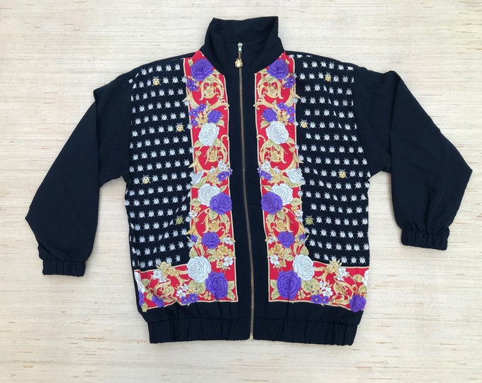 Ladybug Pattern Jacket 90s Ladybug Jacket Black Floral Print Ladybug Pattern Zip up ...