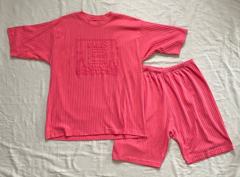 90s Paris France T-shirt and Shorts Matching Set Large XL Pink Rib Knit Two Piece 